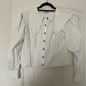 Ganni White Cotton Collared Blouse